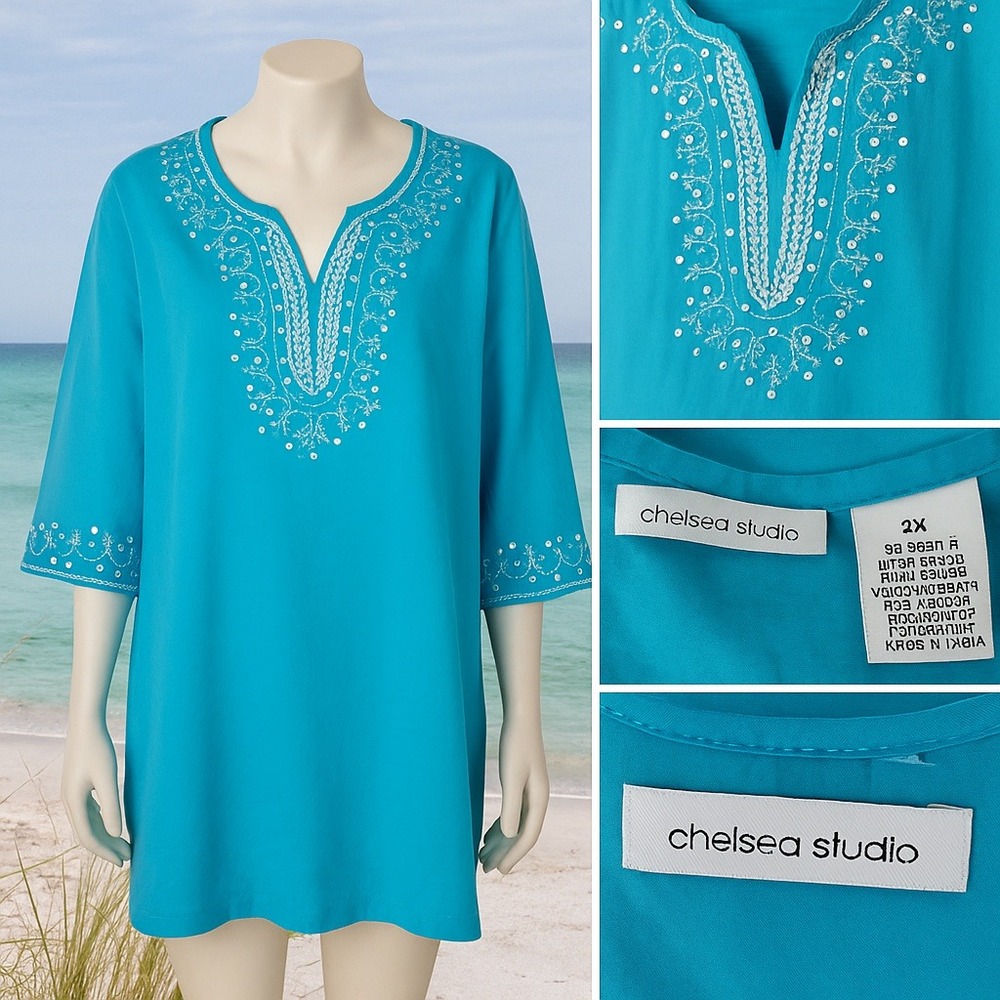 Chelsea Studio Blue Embroidered Tunic Top 2X Boho‎ Sequin Detail Resortwear READ